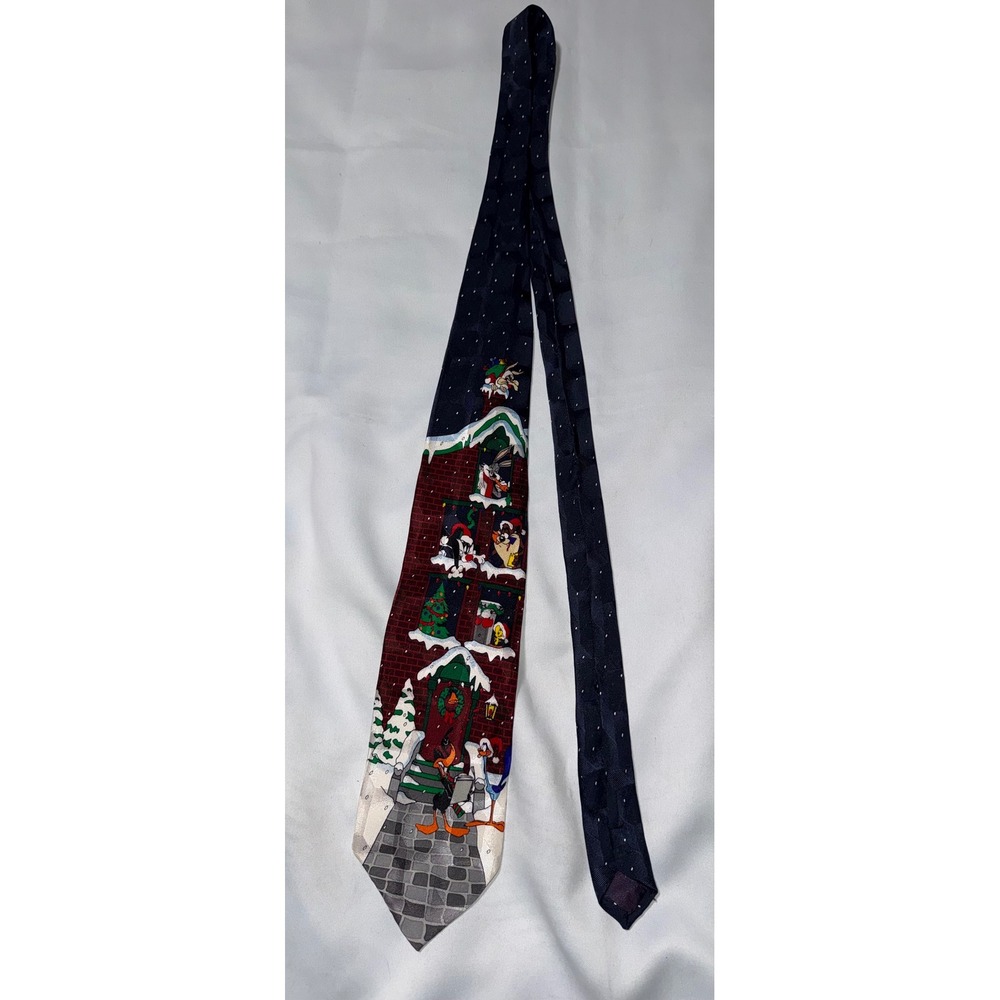 Vintage Looney Tunes Mania Christmas Silk Tie Bugs Bunny Daffy Duck Holiday Navy